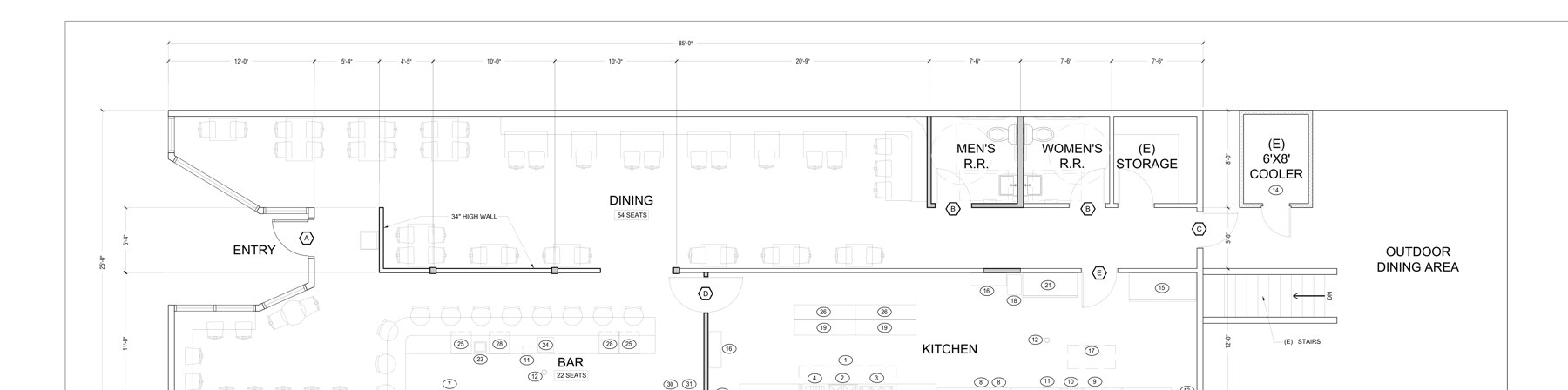 Floor plan: dining, bar, kitchen, outdoor dining, 206 E Main St, Silverton, OR 97381
